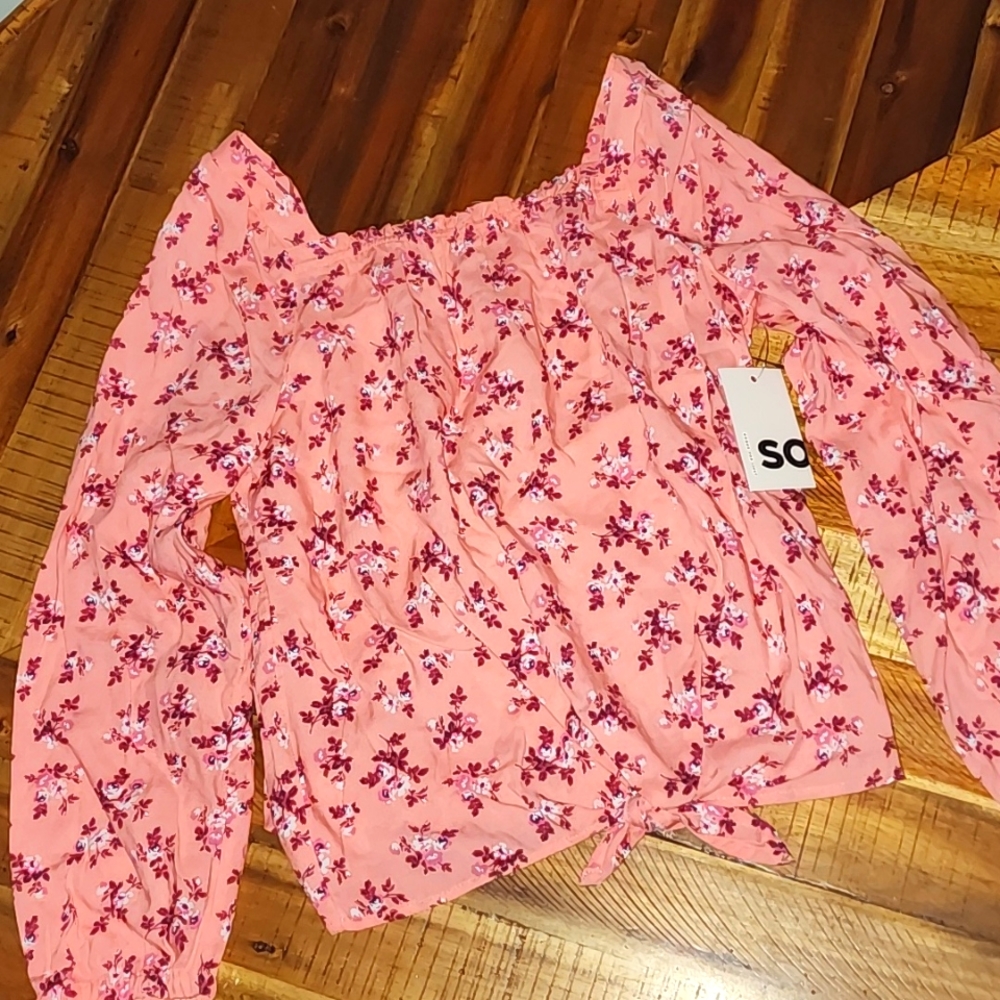 SO square neck pink floral puff long sleeve blouse NWT